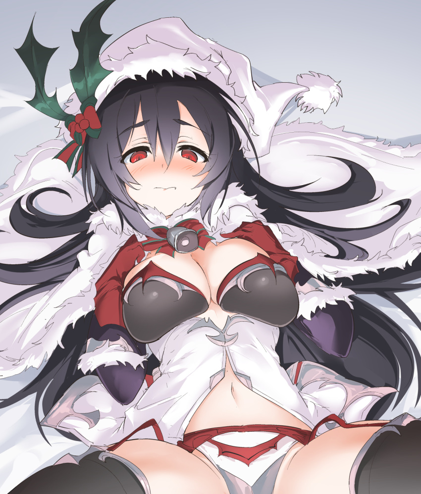 1girl bangs bell black_bra black_hair black_legwear blush bra breasts cape cleavage closed_mouth dress fur-trimmed_cape fur-trimmed_gloves fur-trimmed_headwear fur_trim garter_belt gloves hair_between_eyes hair_ornament hands_on_own_chest hat highres holly holly_hair_ornament ilya_ornstein large_breasts long_hair looking_at_viewer lying momio navel on_back panties princess_connect! princess_connect!_re:dive red_eyes red_gloves santa_hat solo spread_legs thighhighs thighs underbust underwear white_cape white_dress white_headwear white_panties