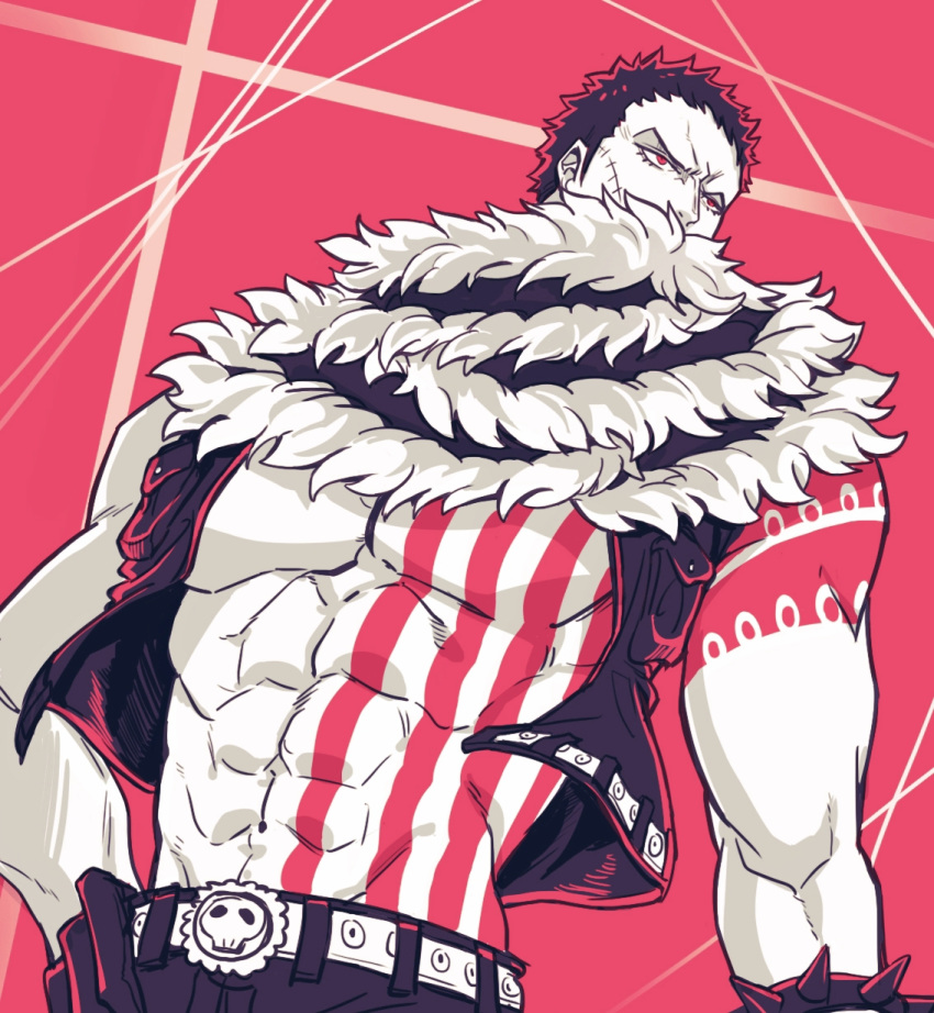 abs bare_chest belt charlotte_katakuri chest covered_mouth gloves hand_on_hip highres living_(pixiv5031111) male_focus muscle one_piece open_clothes open_vest pants scar scarf scarf_over_mouth simple_background spikes stitches tattoo vest