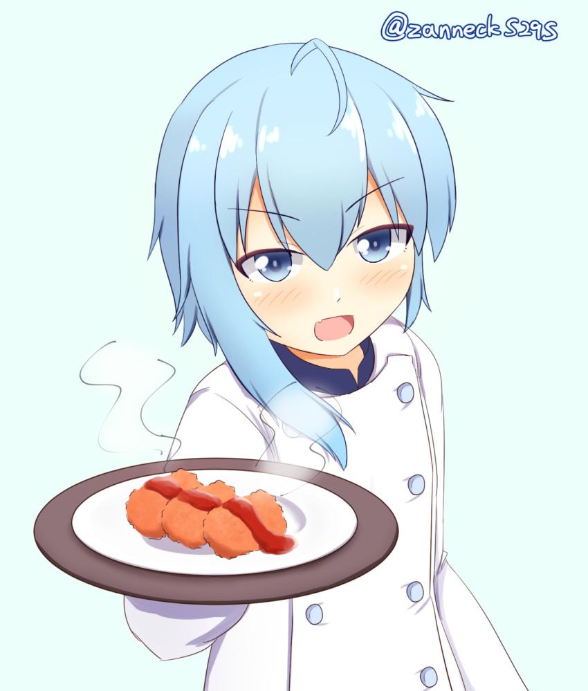 1girl alternate_costume asymmetrical_hair blue_background blue_eyes blue_hair chef commentary_request croquette fang highres kantai_collection looking_at_viewer minazuki_(kantai_collection) open_mouth plate school_uniform serafuku simple_background skin_fang solo twitter_username upper_body zanne