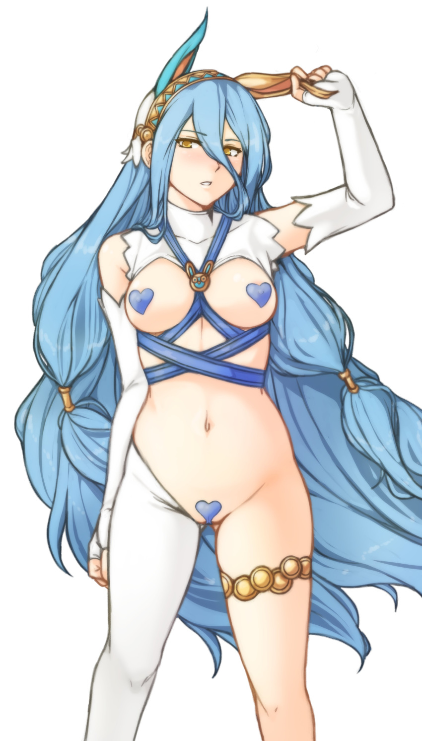 1girl absurdres animal_ears asymmetrical_legwear azura_(fire_emblem) blue_hair breasts bunny_ears elbow_gloves fake_animal_ears fingerless_gloves fire_emblem fire_emblem_fates gloves heart_pasties highres long_hair maebari navel parted_lips pasties revealing_clothes reverse_bunnysuit reverse_outfit simple_background solo tridisart veil white_background white_gloves yellow_eyes