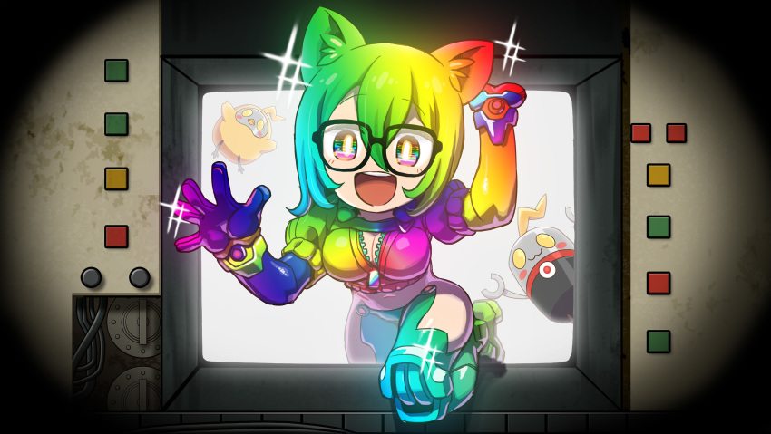 1girl :d absurdres alternate_color android animal_ears black-framed_eyewear breasts chaki_(teasets) commentary_request glasses gloves highres hololive large_breasts looking_at_viewer mask multicolored multicolored_eyes multicolored_hair open_mouth rainbow_eyes rainbow_hair roboco-san roboco_ch. robosaa_(roboco_ch.) robot robotic_legs short_hair smile sparkle through_screen virtual_youtuber