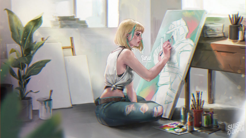 1girl absurdres artist_name blonde_hair bob_cut camisole casual commentary day denim drawing ela_(rainbow_six_siege) english_commentary english_text green_hair highres indian_style indoors jeans korean_text lips making-of_available midriff multicolored_hair nose pants portrait_(object) rainbow_six_siege short_hair side-tie_shirt sitting sleeveless solo streaked_hair studio suisui_again torn_clothes torn_jeans torn_pants