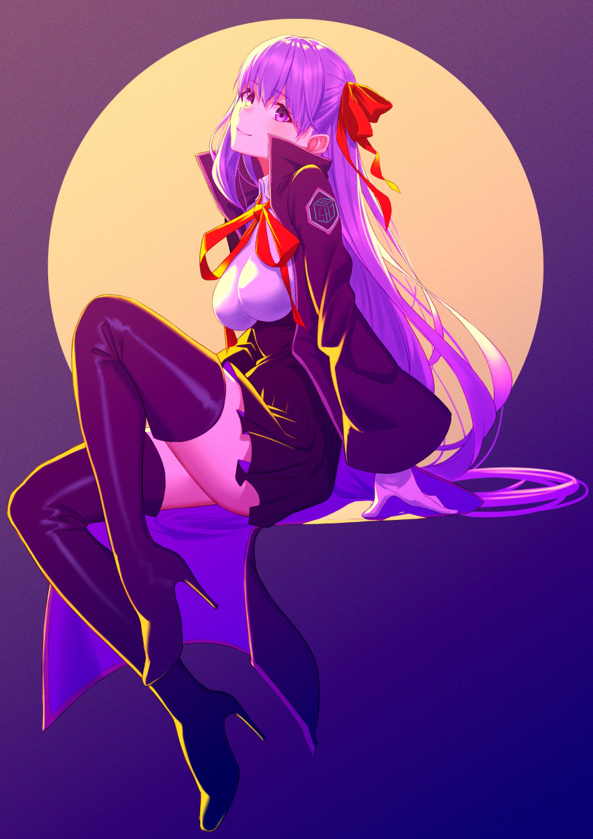 1girl absurdres bb_(fate)_(all) bb_(fate/extra_ccc) boots breasts coat fate/extra fate/extra_ccc fate/grand_order fate_(series) fifty1202 hair_ribbon high_heel_boots high_heels highres large_breasts long_hair purple_eyes purple_hair ribbon sitting smile thigh_boots thighhighs very_long_hair wide_sleeves