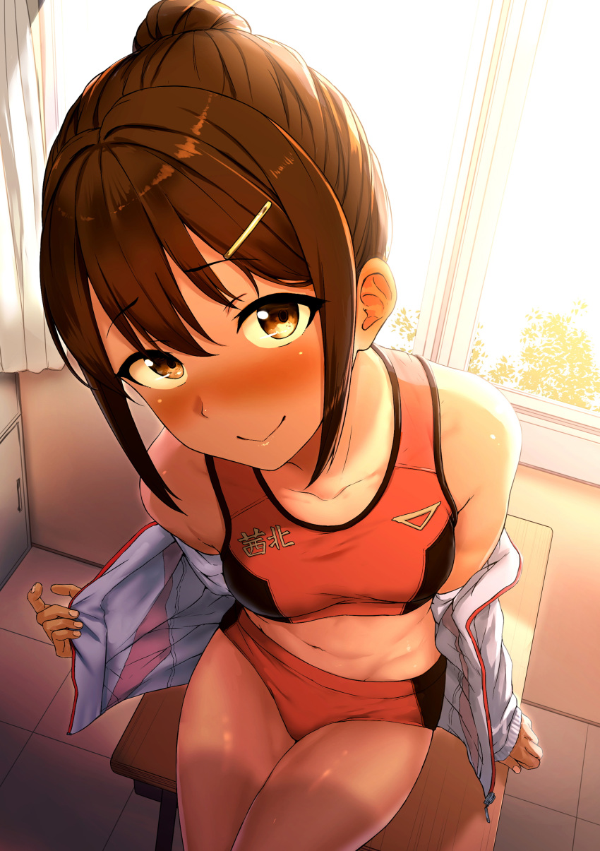 1girl absurdres aoi_chizuru arm_at_side bangs bare_shoulders blush bra breasts brown_eyes brown_hair buruma classroom closed_mouth collarbone commentary_request curtains day desk eyebrows_visible_through_hair fingernails hair_between_eyes hair_bun hair_ornament hairpin highres indoors jacket letterman_jacket long_sleeves midriff navel off_shoulder on_desk open_clothes open_jacket orange_sports_bra original school_desk sidelocks silver_hair sitting sitting_on_desk solo sports_bikini sports_bra sportswear toned underwear window