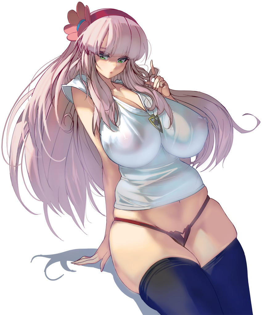 1girl bangs black_legwear blunt_bangs breasts cleavage commentary_request green_eyes headband highres huge_breasts jewelry long_hair looking_at_viewer masao original panties pendant pink_hair red_panties sleeveless solo thighhighs underwear white_background