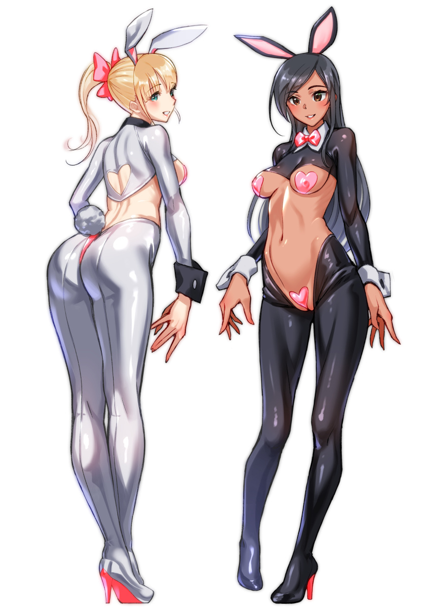 2girls :d absurdres animal_ears bangs black_footwear black_hair blonde_hair blunt_bangs blush bow bowtie breasts brown_eyes bunny_ears bunny_girl bunny_tail commentary_request covered_nipples dark_skin eyebrows_visible_through_hair fake_animal_ears fake_tail from_behind full_body green_eyes grin groin hair_between_eyes hair_bow heart_pasties high_heels highres long_hair looking_at_viewer maebari medium_breasts multiple_girls navel open_mouth original pasties pink_bow pink_lips pink_neckwear ponytail revealing_clothes reverse_bunnysuit reverse_outfit saruchitan shrug_(clothing) sidelocks simple_background smile stomach swept_bangs tail teeth white_background white_footwear wrist_cuffs