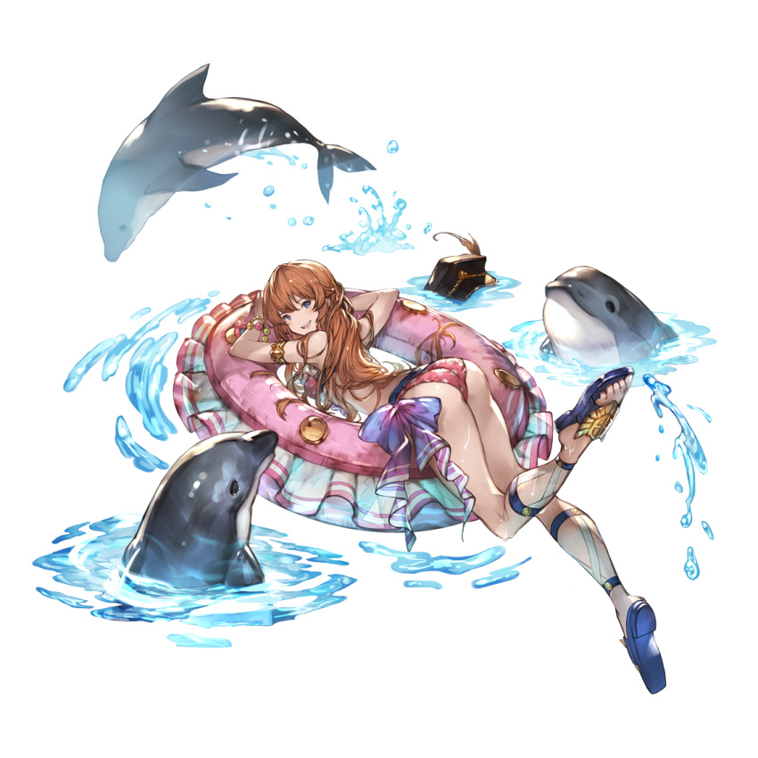 1girl armlet ass bikini blue_eyes bracelet braid brown_hair bubble dolphin granblue_fantasy hat jewelry lecia_(granblue_fantasy) long_hair minaba_hideo official_art peaked_cap sandals simple_background swimsuit water