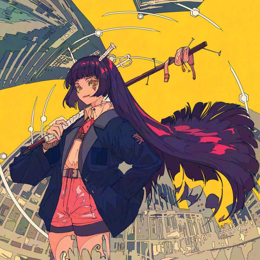 1girl absurdres building collared_shirt cowboy_shot flat_color floating_hair hand_in_pocket hexagon highres hime_cut holding kogecha_(coge_ch) ligne_claire long_hair long_sleeves nail original outdoors pink_shorts shirt shirt_tucked_in shorts symbol-shaped_pupils very_long_hair yellow_sky