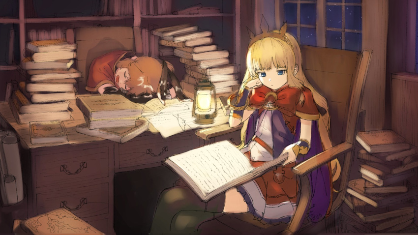 2girls arm_support bangs black_gloves black_ribbon blonde_hair blue_eyes book book_stack bow brown_hair cagliostro_(granblue_fantasy) cape capelet clarisse_(granblue_fantasy) closed_eyes closed_mouth commentary_request desk elbow_gloves eyebrows_visible_through_hair gloves granblue_fantasy green_legwear hair_ribbon head_rest highres holding holding_book indoors lantern long_hair multiple_girls night night_sky open_book open_mouth paper ponytail purple_cape quill reading red_bow red_capelet red_skirt ribbon shirt sitting sketch skirt sky sleeping spikes star_(sky) starry_sky thighhighs tiara v-shaped_eyebrows very_long_hair wasabi60 white_shirt window