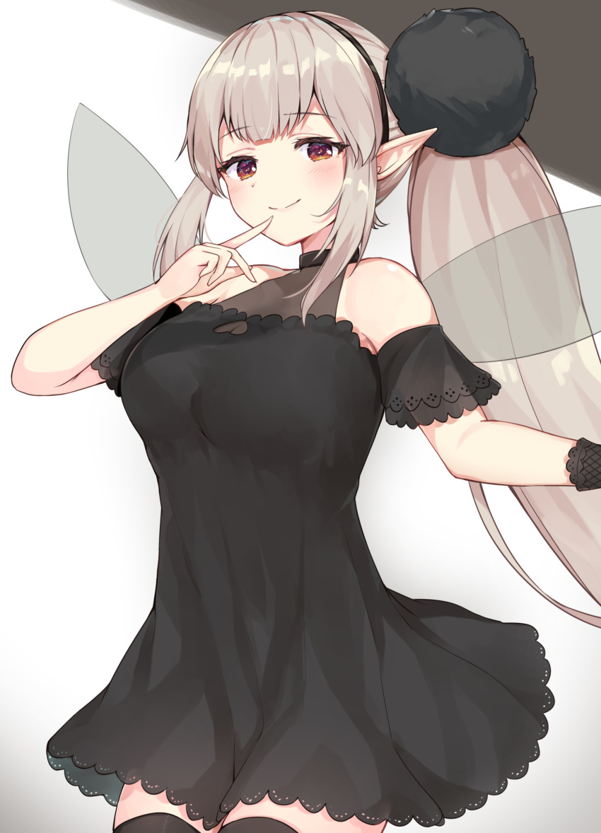 1girl absurdres bare_shoulders black_dress black_legwear blush breasts cleavage cleavage_cutout closed_mouth commentary_request cowboy_shot dot_nose dress elu_(nijisanji) eyebrows_visible_through_hair fairy_wings finger_to_mouth grey_hair hair_ornament hand_up heart_cutout highres large_breasts long_hair looking_at_viewer nijisanji racchi. red_eyes short_sleeves smile solo standing thighhighs very_long_hair virtual_youtuber wings