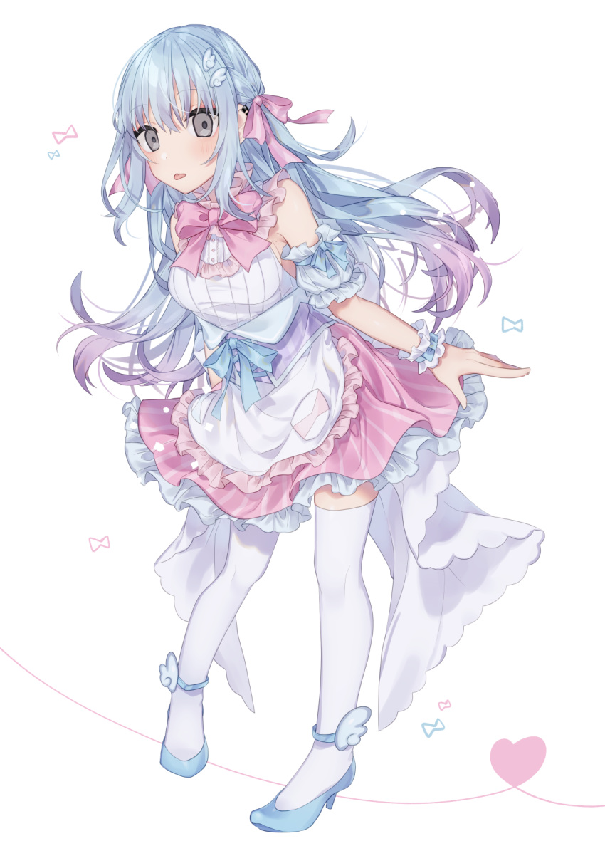 1girl apron bangs bare_shoulders blue_bow blue_footwear blue_hair blush bow closed_mouth detached_sleeves eyebrows_visible_through_hair frilled_apron frilled_skirt frills full_body grey_eyes hair_between_eyes hair_bow heart high_heels highres leaning_forward long_hair looking_at_viewer minamiya_mia original pink_bow pink_skirt puffy_short_sleeves puffy_sleeves shirt shoes short_sleeves simple_background skirt sleeveless sleeveless_shirt solo standing thighhighs tongue tongue_out very_long_hair waist_apron white_apron white_background white_legwear white_shirt white_sleeves wing_hair_ornament wrist_cuffs
