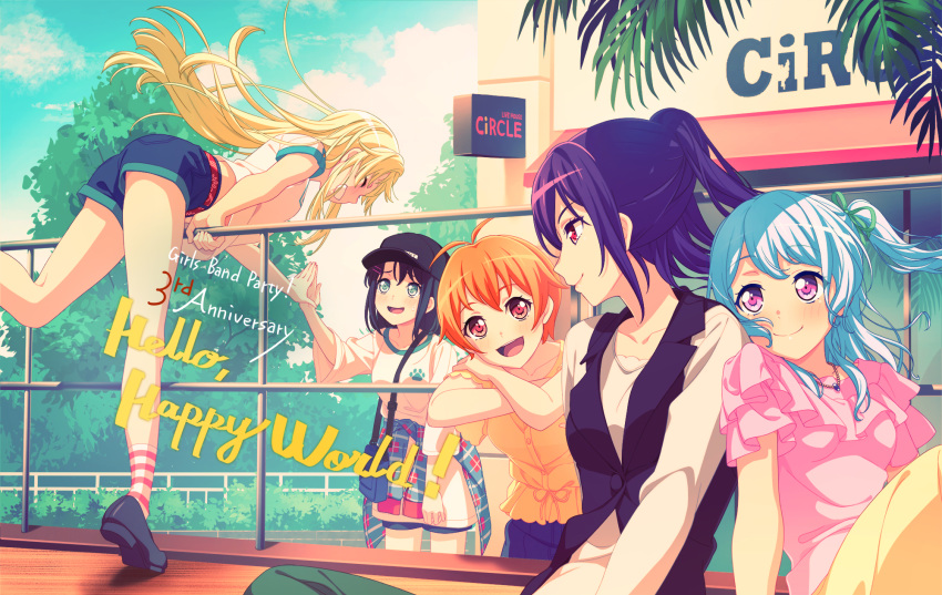 5girls bang_dream! bangs baseball_cap black_hair blonde_hair brown_eyes character_hair_ornament closed_eyes closed_mouth dress eyebrows_visible_through_hair grey_eyes group_name hair_ornament hairclip hat hello_happy_world! highres kitazawa_hagumi light_blue_hair long_hair matsubara_kanon medium_hair multiple_girls official_art okusawa_misaki one_side_up orange_hair ponytail purple_eyes purple_hair red_eyes seta_kaoru short_hair sidelocks smile tsurumaki_kokoro