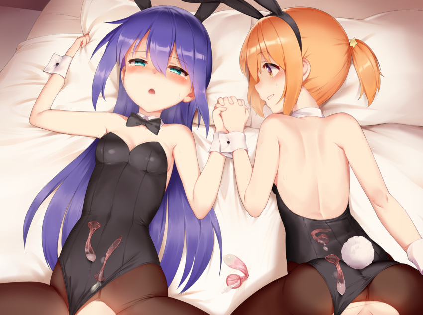 2girls animal_ears arm_up armpits ass babu bare_back bare_shoulders bed black_legwear black_leotard blonde_hair blue_eyes blush breasts brown_eyes bunny_ears bunny_girl bunny_tail bunnysuit cleavage condom covered_navel cum cum_on_body cum_on_clothes detached_collar fake_animal_ears fake_tail hairband heavy_breathing holding_hands implied_bisexual implied_sex koisuru_asteroid konohata_mira leotard leotard_aside long_hair lying manaka_ao multiple_girls on_back on_stomach open_mouth out-of-frame_censoring pantyhose pillow pillow_grab ponytail purple_hair short_hair small_breasts smile strapless strapless_leotard tail tears thighs top-down_bottom-up torn_clothes torn_legwear used_condom wrist_cuffs