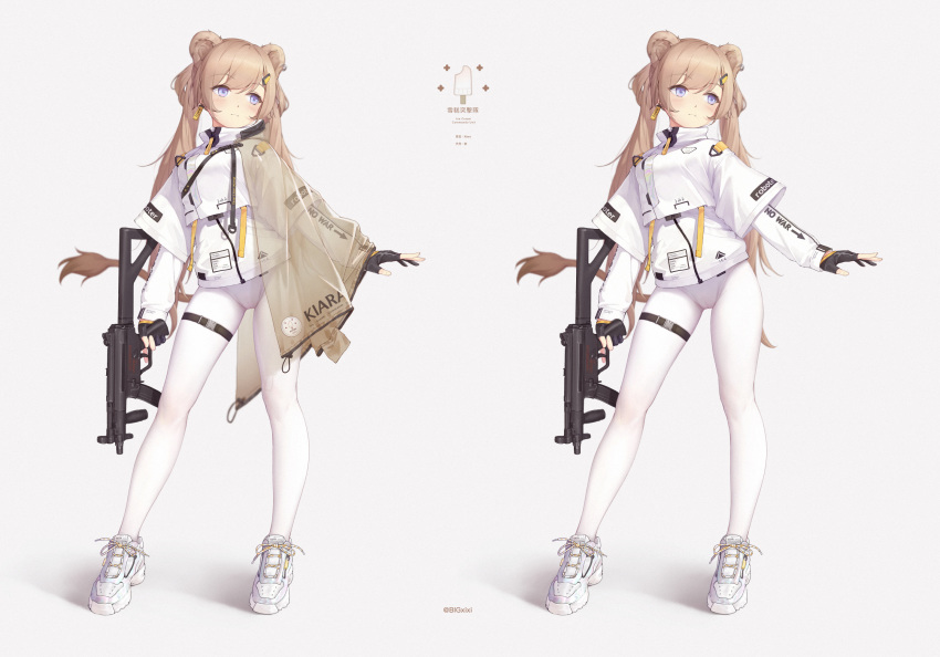 1girl animal_ears bangs black_gloves blue_eyes blush brown_hair closed_mouth commentary ear_tag english_text eyebrows_visible_through_hair gloves grey_background gun h&amp;k_mp5k highres holding holding_gun holding_weapon jacket long_hair long_sleeves maou_renjishi multiple_views original pantyhose partly_fingerless_gloves see-through shadow shoes short_over_long_sleeves short_sleeves submachine_gun translation_request trigger_discipline twintails twitter_username very_long_hair weapon white_footwear white_jacket white_legwear wide_sleeves
