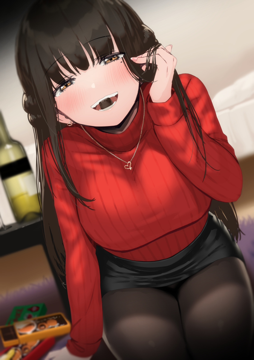 1girl bangs black_skirt blush breasts brown_eyes brown_hair brown_legwear chocolate hand_in_hair highres jewelry large_breasts long_hair long_sleeves looking_at_viewer mole mole_under_eye mouth_hold necklace original pantyhose pencil_skirt pyz_(cath_x_tech) red_sweater ribbed_sweater sitting skirt smile solo sweater thighs valentine
