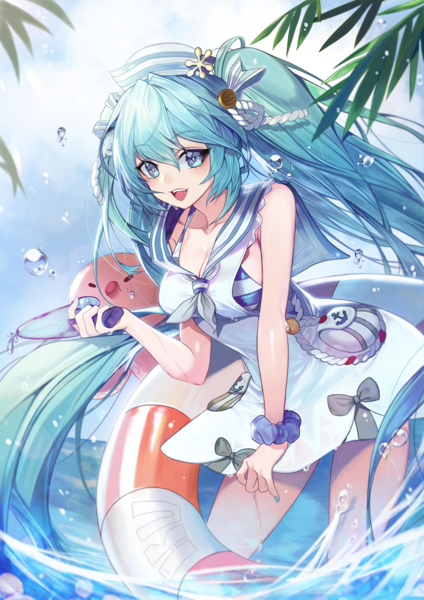 1girl absurdres aqua_eyes aqua_hair breasts chicken_(dalg-idalg) cloud dress dutch_angle hair_between_eyes hat hatsune_miku highres leaning_forward long_hair looking_at_viewer medium_breasts nail_polish octopus open_mouth outdoors partially_submerged sailor_dress sailor_hat scrunchie sky solo standing striped_bikini_top twintails very_long_hair vocaloid wading water_drop white_dress wrist_scrunchie