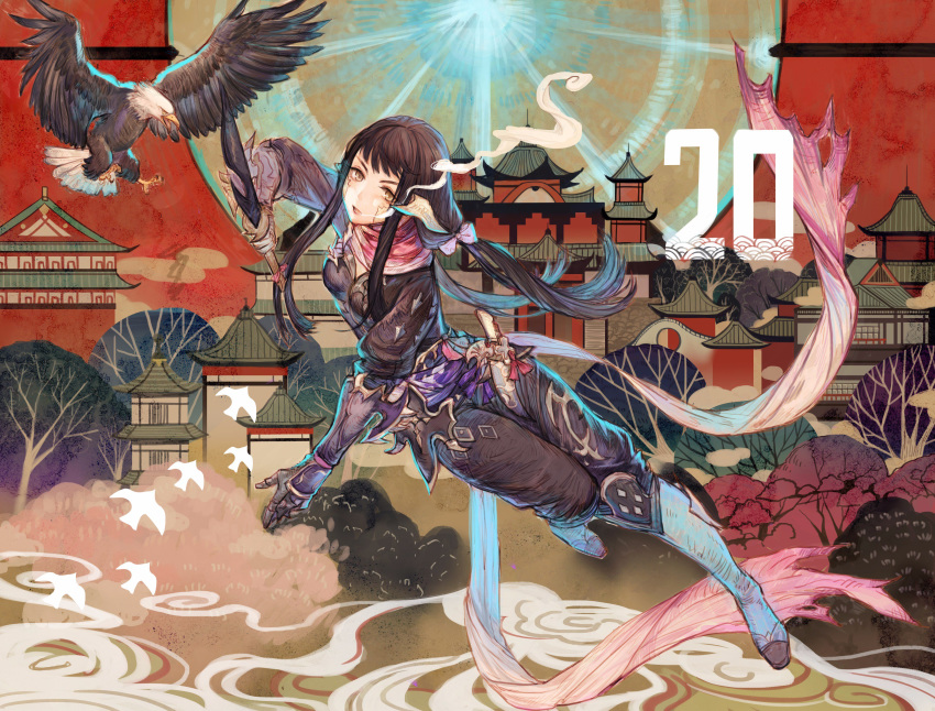 1girl absurdres architecture au_ra bangs bird black_hair black_pants black_shirt blunt_bangs boots dagger eagle east_asian_architecture final_fantasy final_fantasy_xiv gauntlets hair_ribbon highres holding holding_dagger holding_weapon jumping knee_boots knife long_hair looking_at_viewer low_twintails ninja_(final_fantasy) pants parted_lips reverse_grip ribbon rosette_(yankaixuan) sash scarf shirt sidelocks solo steam tree tress_ribbon twintails weapon yellow_eyes yugiri_mistwalker