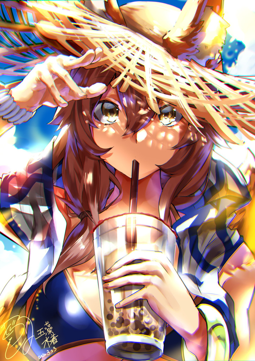 1girl animal_ear_fluff animal_ears bikini blue_bikini breasts dated dorashieru ears_through_headwear eyebrows_visible_through_hair fate/grand_order fate_(series) fox_ears fox_girl hat highres large_breasts long_hair looking_at_viewer outdoors pink_hair side-tie_bikini solo straw_hat swimsuit tamamo_(fate)_(all) tamamo_no_mae_(swimsuit_lancer)_(fate) yellow_eyes