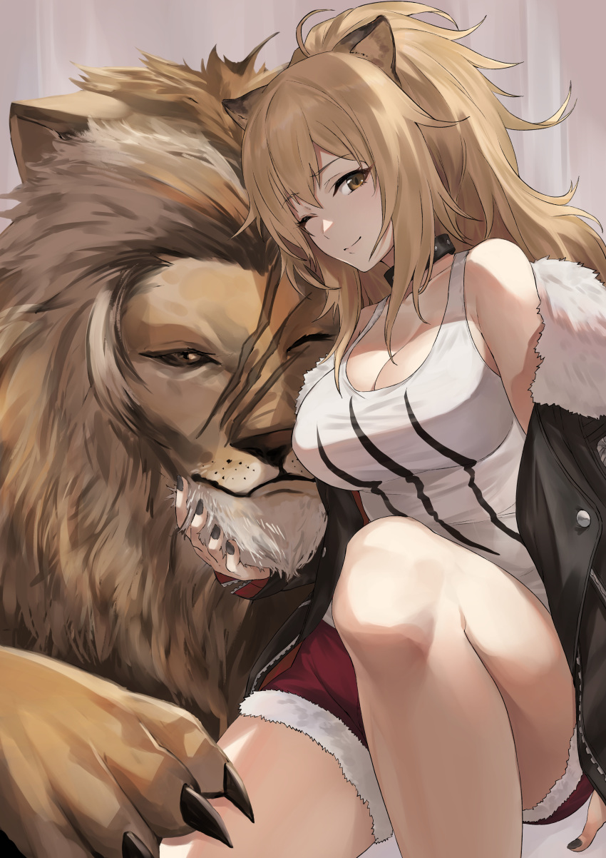 1girl ;) absurdres animal animal_ears arknights bangs bare_shoulders black_choker black_jacket black_nails breasts brown_eyes brown_hair choker commentary_request eyebrows_visible_through_hair feet_out_of_frame fujitsubo_(hujitubo0731) fur-trimmed_jacket fur-trimmed_shorts fur_trim highres jacket knee_up large_breasts lion lion_ears long_hair looking_at_viewer nail_polish off_shoulder one_eye_closed partial_commentary red_shorts short_shorts shorts siege_(arknights) sitting smile tank_top thighs white_tank_top