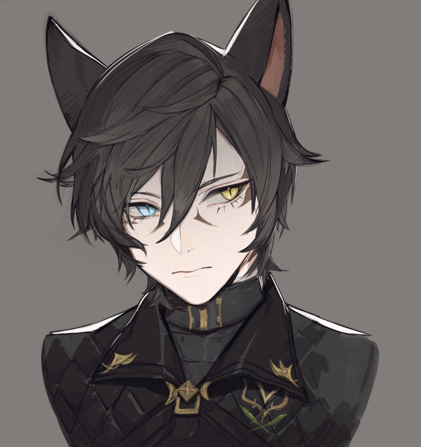 1boy absurdres animal_ears black_hair black_vest blue_eyes cat_ears collared_vest facial_mark final_fantasy final_fantasy_xiv grey_background hair_between_eyes heterochromia highres looking_to_the_side male_focus miqo'te portrait rosette_(yankaixuan) simple_background slit_pupils solo vest yellow_eyes