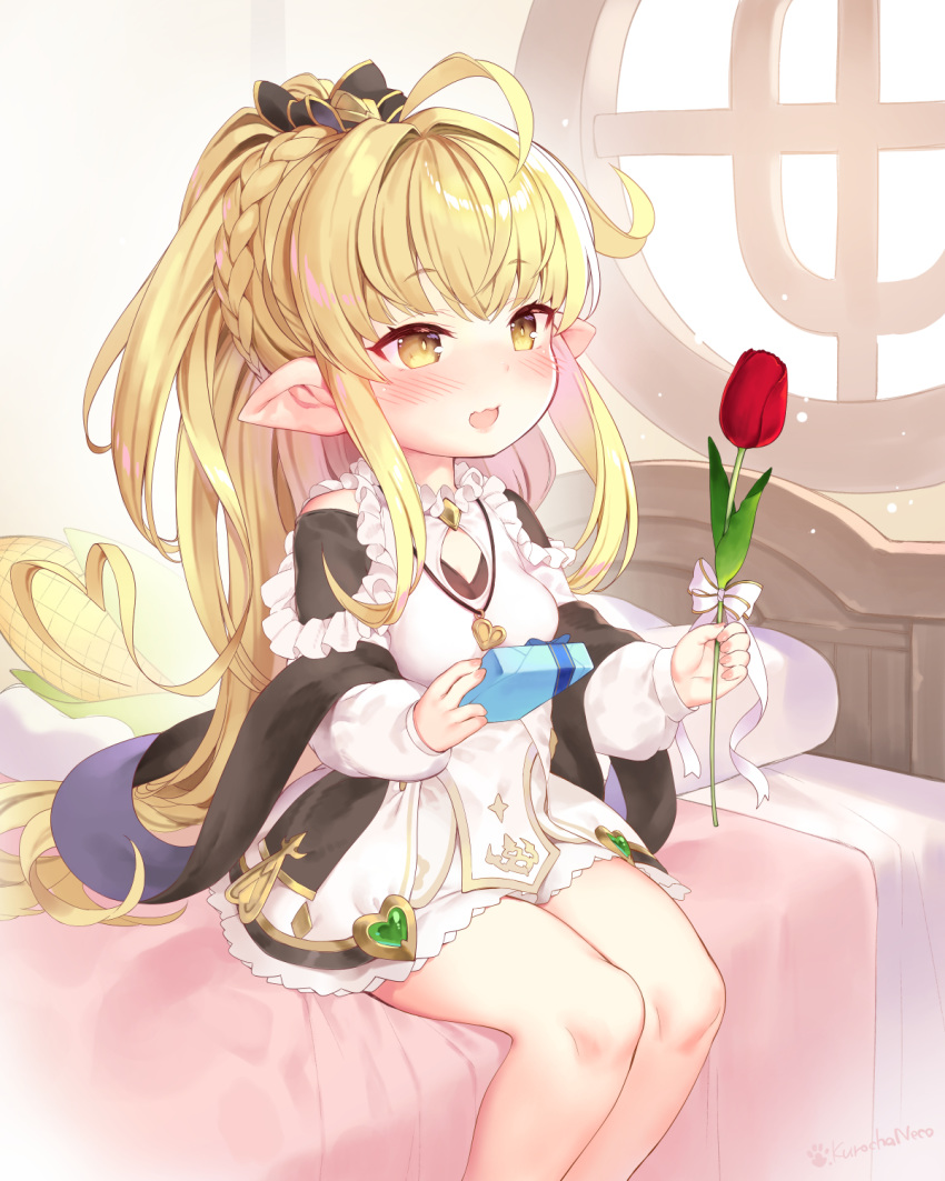 1girl ahoge bare_legs bare_shoulders blonde_hair blush braid breasts cleavage_cutout commentary_request corn dress flower granblue_fantasy hair_ribbon harvin highres kuro_chairo_no_neko long_hair melissabelle on_bed open_mouth pointy_ears red_flower ribbon sidelocks signature sitting small_breasts smile solo stuffed_toy tied_hair tulip very_long_hair yellow_eyes