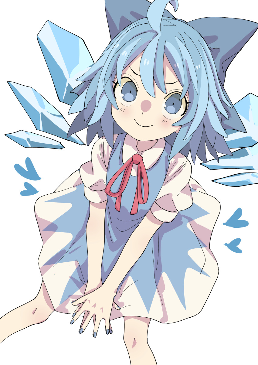 1girl absurdres ahoge banana_takemura blue_bow blue_dress blue_eyes blue_hair blue_nails blue_wings bow cirno closed_mouth commentary dress from_above hair_bow heart highres ice ice_wings looking_at_viewer medium_hair nail_polish puffy_short_sleeves puffy_sleeves short_sleeves simple_background sitting smile solo touhou v_arms white_background wings