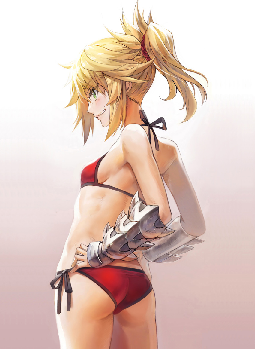 1girl absurdres ass back bangs bikini blonde_hair blush braid breasts fate/grand_order fate_(series) french_braid gradient gradient_background green_eyes grin hair_ornament hair_scrunchie hands_on_hips highres long_hair mordred_(fate)_(all) mordred_(swimsuit_rider)_(fate) ponytail red_bikini red_scrunchie scrunchie sidelocks small_breasts smile solo swimsuit thighs tonee vambraces