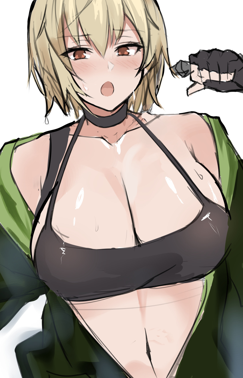 absurdres blonde_hair breasts counter_side embarrassed highres jacket jane_doe_(counter_side) karambit large_breasts open_clothes open_jacket science7103 sports_bra