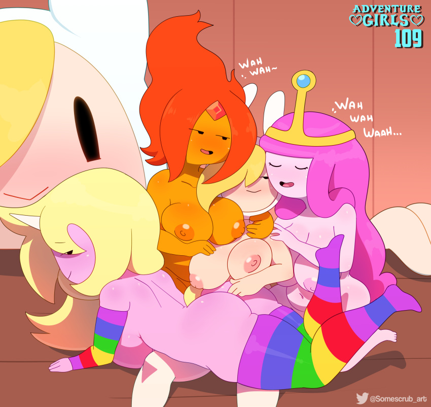 absurd_res adventure_time anthro big_breasts big_butt blush breasts butt cartoon_network elemental_creature equid female female/female fionna_the_human fire fire_creature flame_princess food food_creature food_humanoid group hi_res horn human humanoid lady_rainicorn mammal navel nipples princess_bubblegum somescrub unicorn