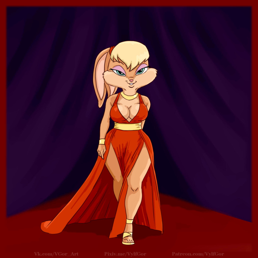 1:1 anthro blonde_hair clothing dress female hair hi_res humanoid lagomorph leporid lola_bunny looney_tunes mammal rabbit red_clothing red_dress simple_background smile solo vylfgor warner_brothers