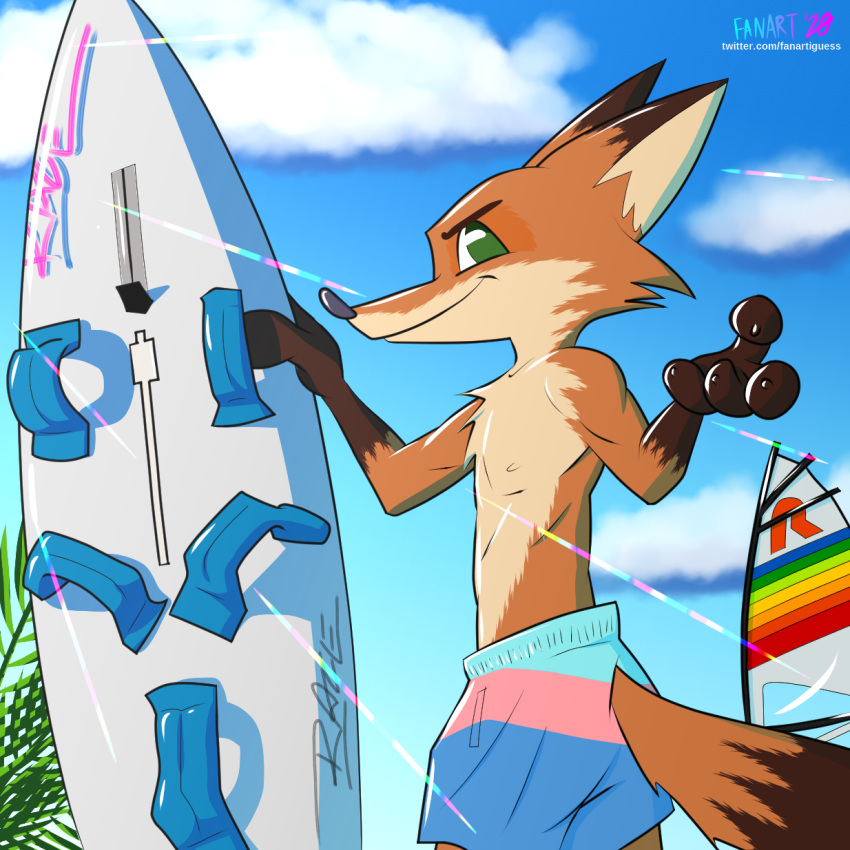 1:1 2020 anthro brown_body brown_fur canid canine cheek_tuft chest_tuft clothed clothing cloud dipstick_ears disney facial_tuft fanartiguess fox fur gloves_(marking) hi_res male mammal markings multicolored_ears nick_wilde outside plant red_fox sky smile solo surfboard swimming_trunks swimwear topless tuft vehicle watercraft zootopia