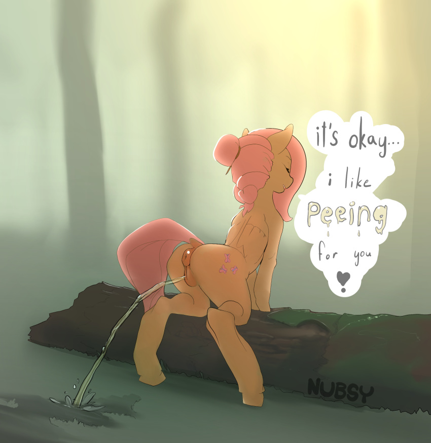 absurd_res anatomically_correct animal_genitalia animal_pussy anus bodily_fluids english_text equid equine equine_pussy female feral fluttershy_(mlp) friendship_is_magic genital_fluids genitals hi_res horse mammal my_little_pony nubsy peeing pony pussy solo text urine watersports
