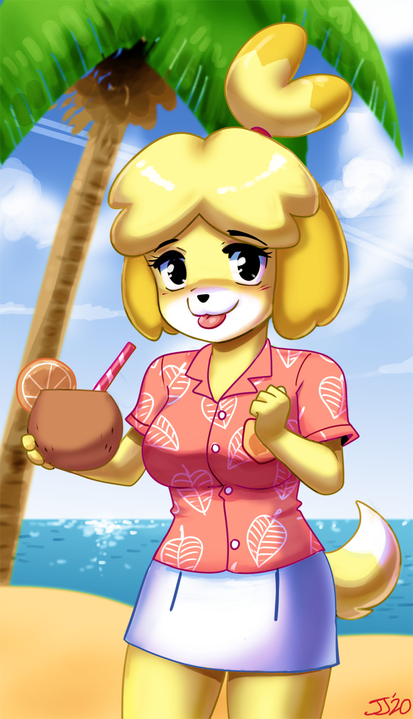 2020 4_fingers animal_crossing anthro beverage blep blonde_hair canid canine canis clothed clothing cloud digital_media_(artwork) dipstick_tail domestic_dog drinking_straw eyelashes female fingers hair hi_res holding_object isabelle_(animal_crossing) john_joseco looking_at_viewer mammal multicolored_tail nintendo outside palm_tree sand shih_tzu signature sky smile solo tongue tongue_out toy_dog tree video_games water