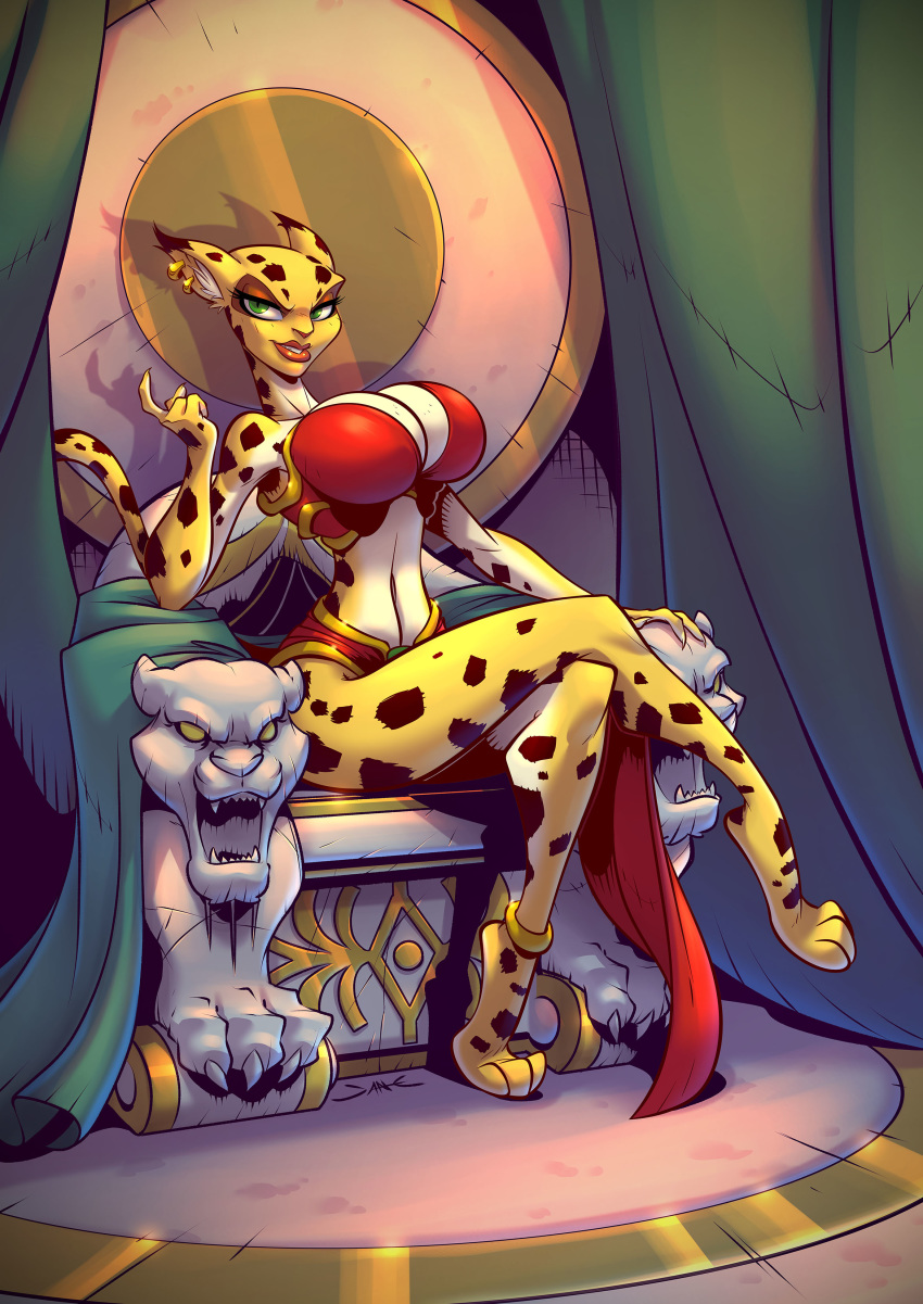 absurd_res anklet anthro beckoning bedroom_eyes big_breasts breasts chair cleavage clothed clothing crossed_legs dreamerink felid female fur furniture gesture green_eyes hi_res jewelry leopard mammal narrowed_eyes pantherine seductive sitting skimpy solo spots spotted_body spotted_fur t'ai_fu:_wrath_of_the_tiger throne