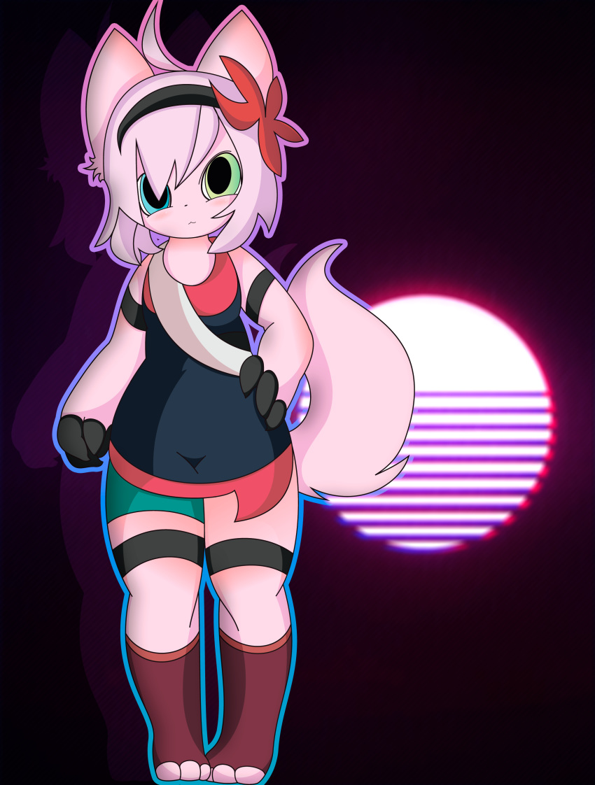 2020 absurd_res anthro bandanna blush bottomwear breasts canid canine clothing digital_media_(artwork) female flower fox fur green_eyes hair hi_res kemono kur0sagi_(artist) mammal nova_(changemylife99) pink_body pink_fur plant pose scarf skirt solo stripes sun synthwave thick_thighs vector