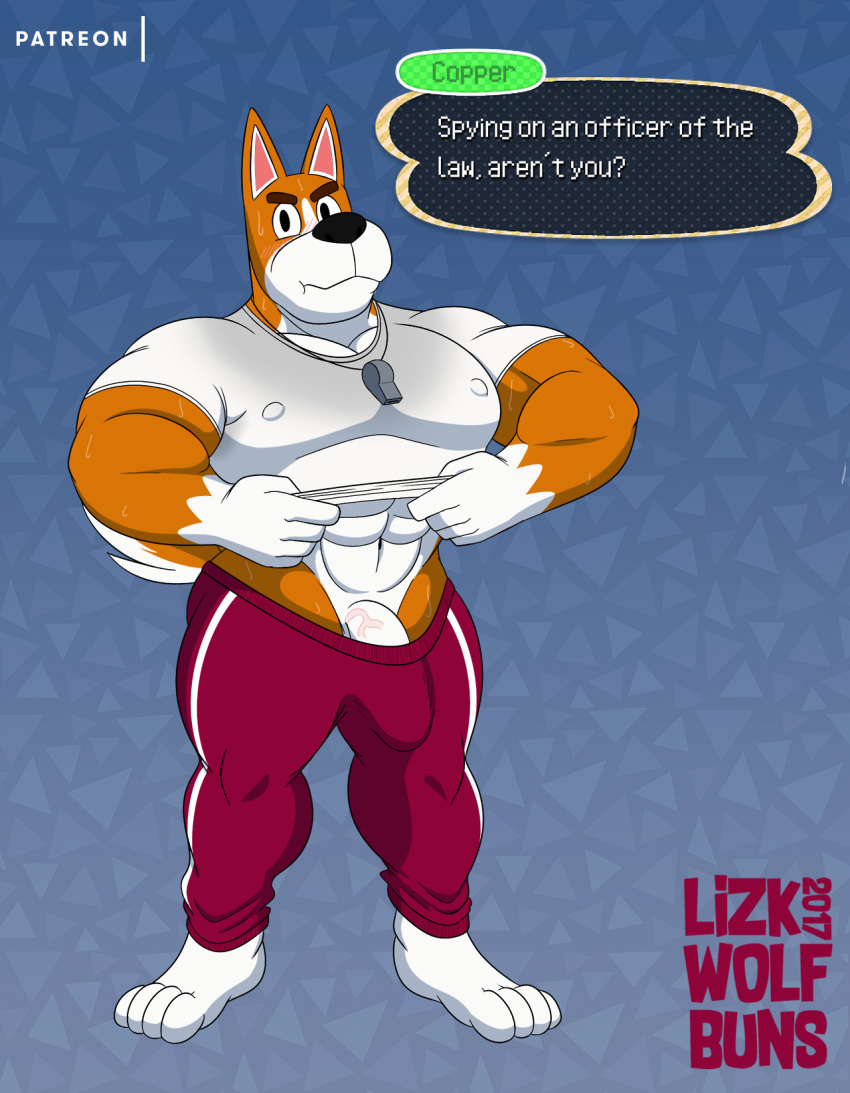 4_toes 5_fingers abs animal_crossing anthro biceps black_nose blush bodily_fluids bottomwear brown_body brown_fur bulge canid canine canis clothed clothing clothing_lift copper_(animal_crossing) dialogue domestic_dog fingers fur genitals gloves_(marking) hi_res humanoid_genitalia humanoid_penis male mammal markings muscular muscular_male nintendo nipple_outline nipples pants pattern_background pecs penis penis_base red_bottomwear red_clothing red_pants shirt shirt_lift simple_background solo speech_bubble sweat toes topwear vein video_games white_body white_clothing white_fur white_shirt white_topwear wolfbuns workout_clothing