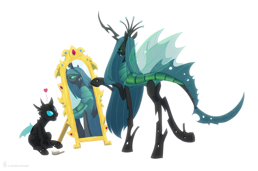 &lt;3 arthropod blue_eyes brush changeling drone_(mlp) fangs feral friendship_is_magic green_eyes hair hairbrush long_hair mirror my_little_pony queen_chrysalis_(mlp) reflection siansaar sitting