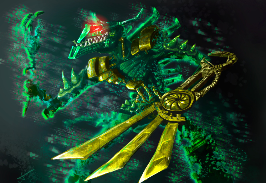 absurd_res armor bionicle digital_drawing_(artwork) digital_media_(artwork) gold_body green_body hi_res humanoid lego machine melee_weapon multicolored_body not_furry open_mouth partial pavelppp piraka protodite robot sharp_teeth simple_background skakdi smile solo standing sword teeth tongue tongue_out two_tone_body weapon zaktan