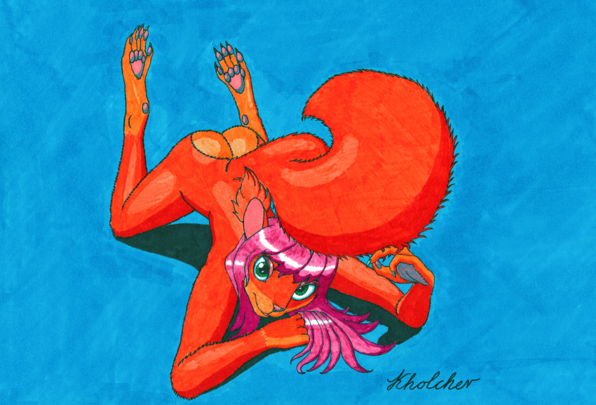 all_fours anthro ass_up butt countershade_butt female green_eyes hair hi_res konstantin_kholchev long_hair looking_at_viewer mammal marker_(artwork) nude pawpads pink_hair red_body rodent sciurid simple_background solo traditional_media_(artwork)