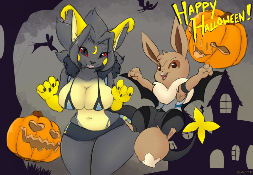 anthro artz artz_(eevee) big_breasts bra breasts brown_sclera clothing curvy_figure eevee featureless_crotch female feral halloween halloween_decoration holidays kuroodod kuroodod_(fursona) male nintendo pok&eacute;mon pok&eacute;mon_(species) raichu red_sclera text underwear video_games