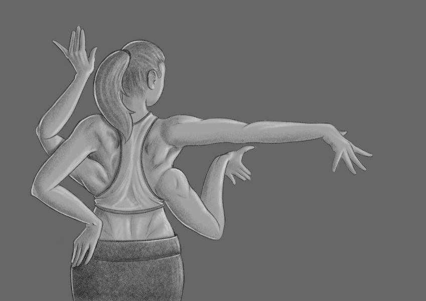 4_arms absurd_res clothing female hair hi_res human long_hair mammal monochrome multi_arm multi_limb muscular shirt stretching tank_top tfancred topwear