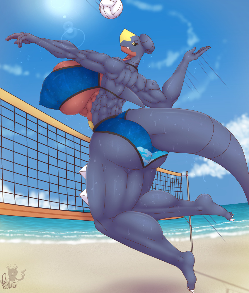 5_fingers anthro beach big_breasts big_butt breasts butt clothing cloud female fingers garchomp hi_res huge_breasts huge_butt joanne_(megustalikey) megustalikey muscle_tone muscular muscular_female nintendo nipple_outline pok&eacute;mon pok&eacute;mon_(species) sea seaside sky solo sport swimwear tight_clothing video_games volleyball water