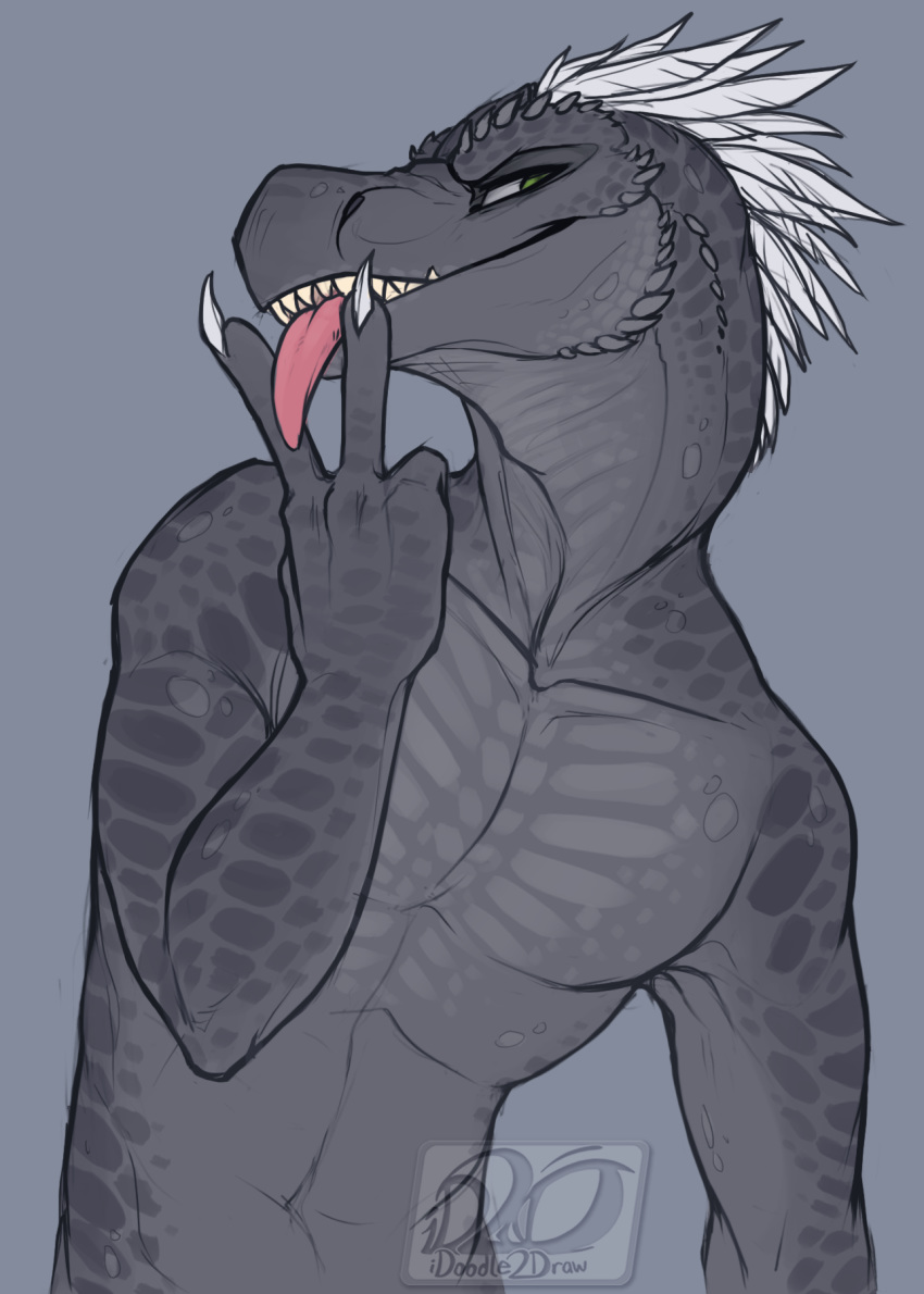 anthro cunnilingus_gesture dinosaur elaismurnhem_afarman feathers gesture green_eyes grey_body grey_scales hi_res idoodle2draw male reptile scales scalie simple_background solo suggestive suggestive_gesture white_body white_feathers