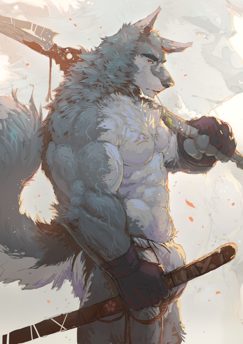 abs anthro asian_clothing biceps blue_body blue_fur canid canine canis clothed clothing east_asian_clothing fundoshi fur gloves handwear hi_res holding_object holding_sword holding_weapon japanese_clothing looking_at_viewer male mammal melee_weapon muscular muscular_male orange_eyes pecs pockyrumz portrait scabbard solo sword three-quarter_portrait topless underwear vein weapon white_body white_fur wolf