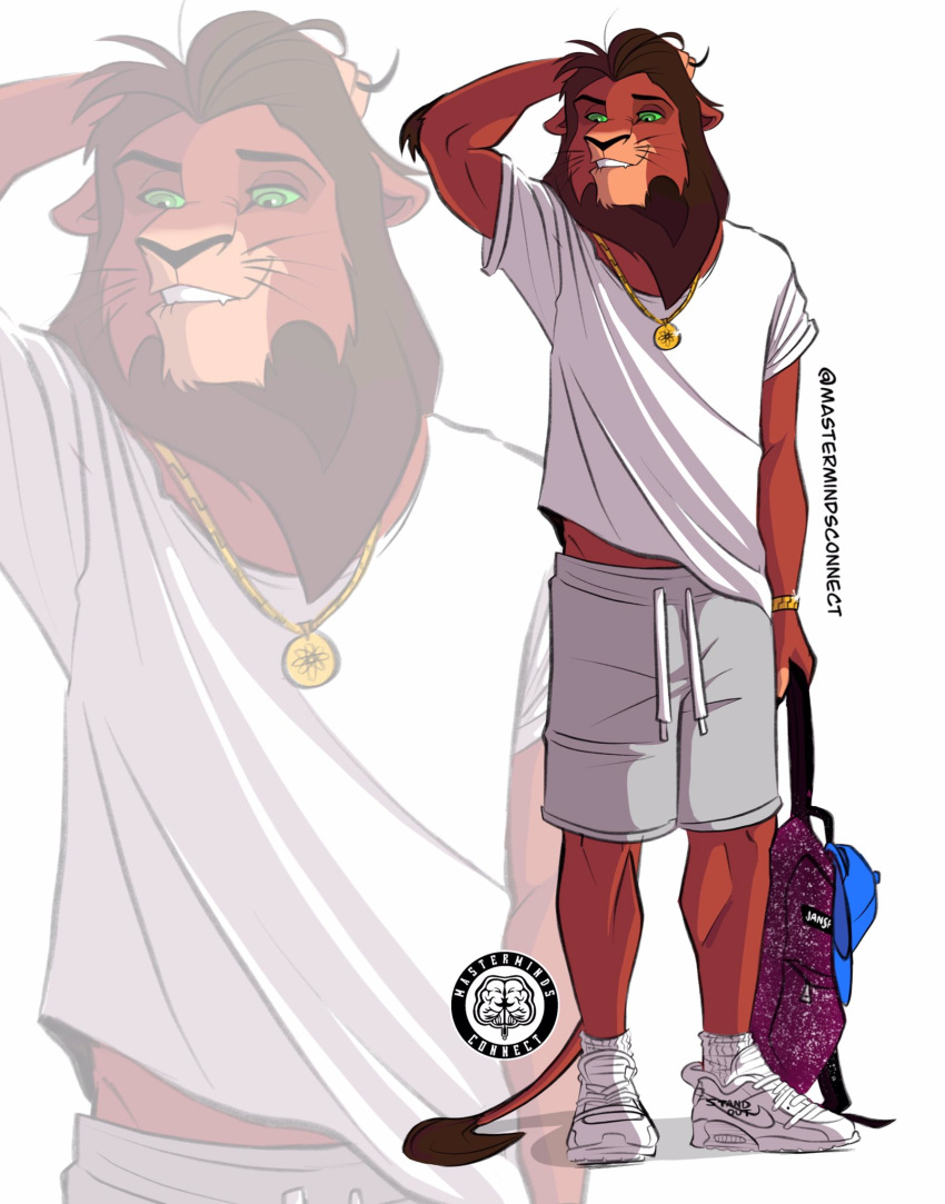 bag blowup_background brown_body brown_fur brown_hair clock clothed clothing disney felid fur green_eyes hair hat headgear headwear hi_res jewelry kovu lion male mammal mane mastermindsconnect necklace pantherine simple_background solo the_lion_king watch whiskers wristwatch