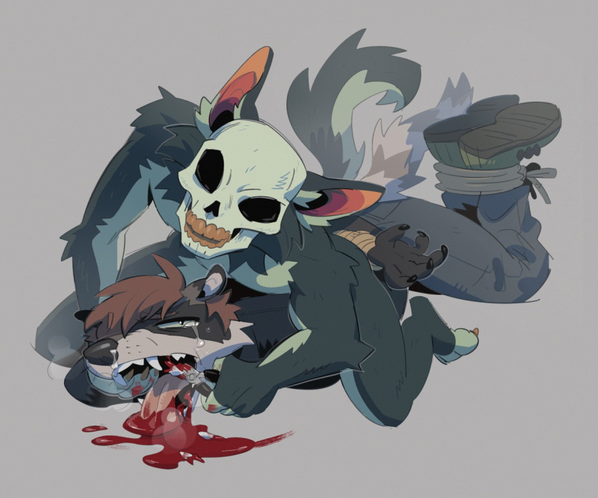 anthro blood bodily_fluids bone bound duo feet_tied gore hands_tied male mammal murkbone procyonid pulling_tooth raccoon skull tears tongue tongue_out