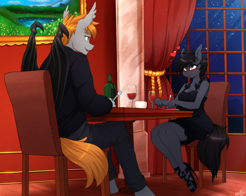 &lt;3 anthro bat_pony black_hair blonde_hair blush breasts cleavage clothed clothing cutlery dress equid equine fan_character fangs female footwear fork frostborn furniture hair hi_res high_heels horse kitchen_utensils knife male mammal my_little_pony night pony replica_(artist) replica_(oc) restaurant shoes star table tools window