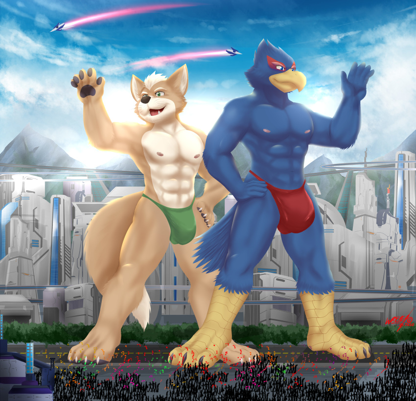 2020 absurd_res anthro arwing avian bird bulge canid canine city clothing duo falco_lombardi fox fox_mccloud hi_res ligoni macro male mammal muscular nintendo speedo star_fox swimwear video_games