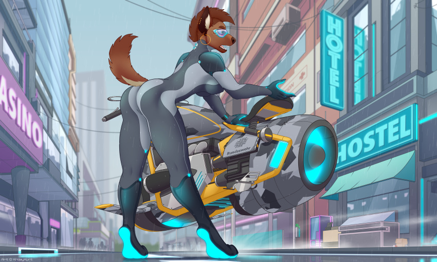 2019 5:3 5_fingers absurd_res anthro big_breasts bike_(disambiguation) boots bottomwear breasts butt camel_toe city claws clothed clothing conditional_dnp cyberpunk detailed_background digital_media_(artwork) eyewear female fingers footwear fur glasses gloves glowing glowing_soles hair handwear hi_res hyaenid krazykurt legwear mammal motorcycle open_mouth outside paws plantigrade plantigrade_feet plugsuit rubber rubber_suit science_fiction skinsuit solo spread_legs spreading suit thick_thighs tight_clothing tight_fit tight_suit toe_claws toes topwear vehicle wide_hips