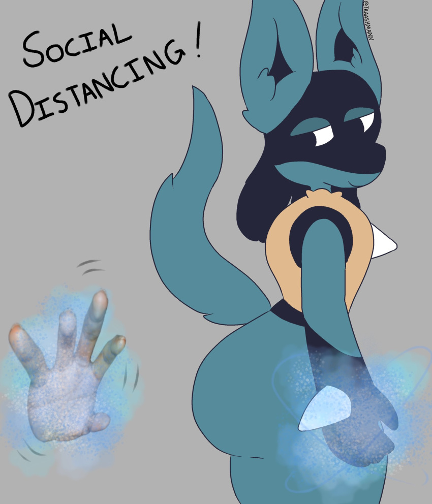 ambiguous_gender anthro aura big_butt blue_body blue_fur butt coronavirus disembodied_head fur hi_res lucario meme nintendo pok&eacute;mon pok&eacute;mon_(species) smile text traashmann video_games